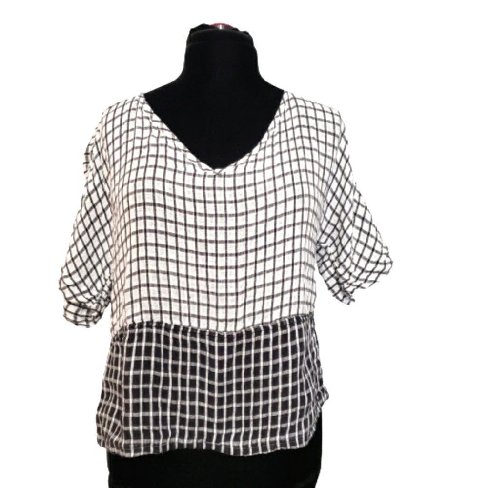 Flax 100% Linen Black and White Checked V-Neck Blouse
